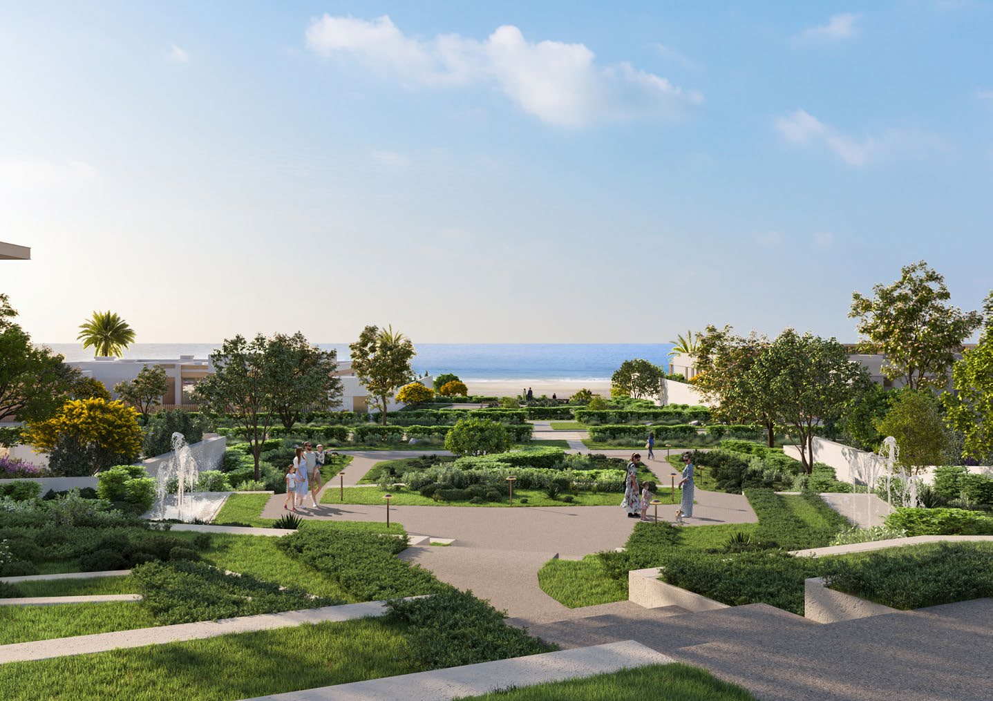 Terraced gardens with fountains leading towards the beach
