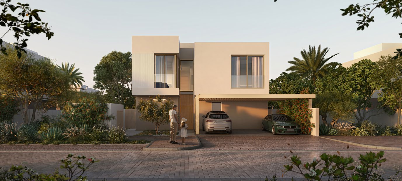 Front of a two-storey villa with covered parking and planted garden