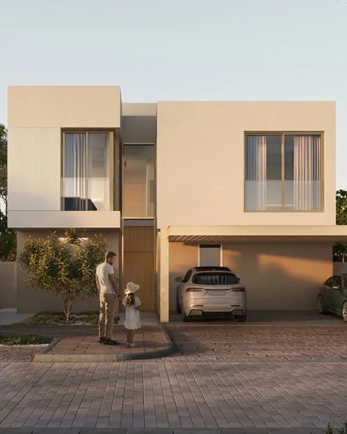 Front of a two-storey villa with covered parking and planted garden