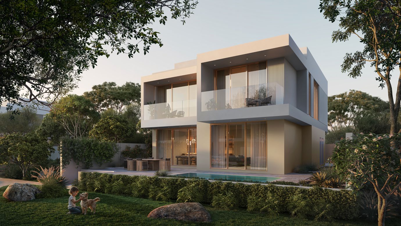 Back of a four-bedroom villa with balconies, pool and lawn